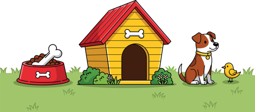 A charming cartoon illustration of a happy brown and white dog sitting beside its classic yellow and red doghouse,