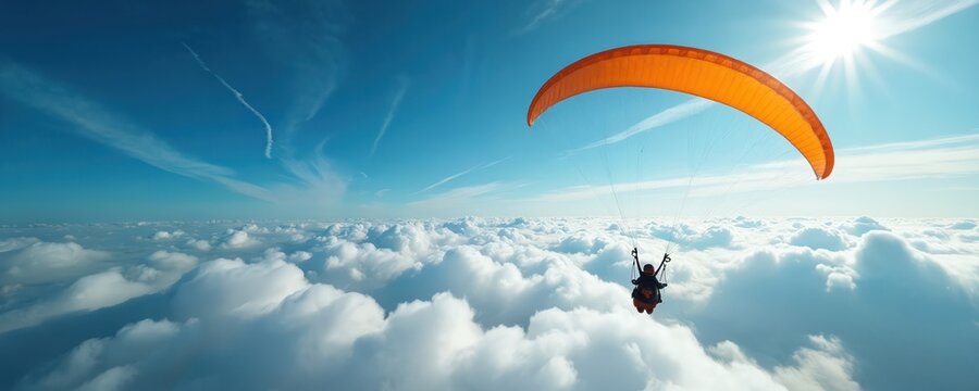 Person paraglides with orange parachute over fluffy white clouds. Bright sun shines in clear blue sky. Solo flyer enjoys scenic aerial view. Adventure awaits.