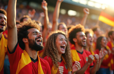 Football fans cheer loudly in stadium stands wearing national colors. Diverse group celebrates intensely, hands up, showing strong team spirit and passion. People share joy at sports event.