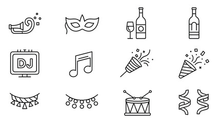 Collection of vector icons representing celebration elements, including musical notes and party favors