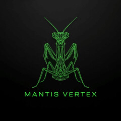 Green neon mantis insect illustration with text.