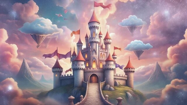 A whimsical fairytale castle with flags on a hill, surrounded by dreamy pastel clouds and floating islands in a magical sky.