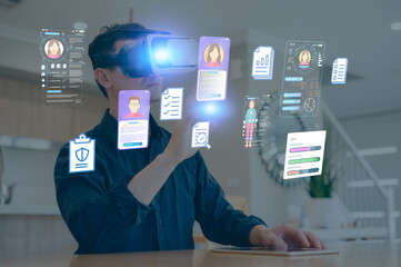Businessman wearing VR glasses virtual touchscreen on the HR chart Icon, Technology Process System Business with Communication and marketing concept, big data, HR Human Resources