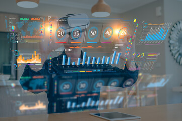 Businessman wearing VR glasses virtual touchscreen on the chart Icon on virtual glob, Technology Process System Business with Communication and marketing concept, big data, business performances