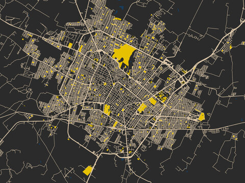 Urban map of Colima, Mexico in a dark flat palette: graphite black base with warm cream road network, signal-yellow open areas and inky blue waterways