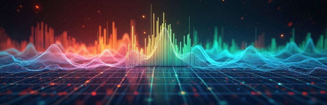 Digital waveform graph displays sound frequency levels. Audio spectrum analyzer shows colorful signal peaks and valleys. Data visualization of sound waves in motion.