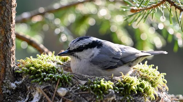 Small bird in green moss nest on a tree branch with soft natural light
