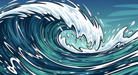 A dynamic illustration of a powerful ocean wave, showcasing swirling blues and greens, and frothy white crests.