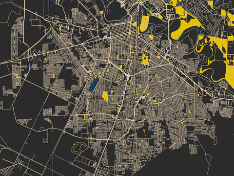 Poster-style map of Heroica Matamoros, Mexico using charcoal, ivory and ink-blue tones