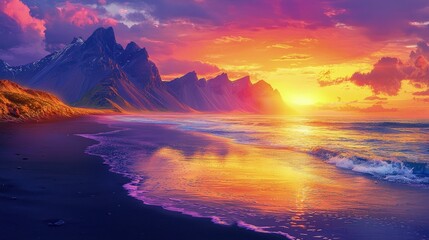 Vivid sunset over a dramatic coastline.