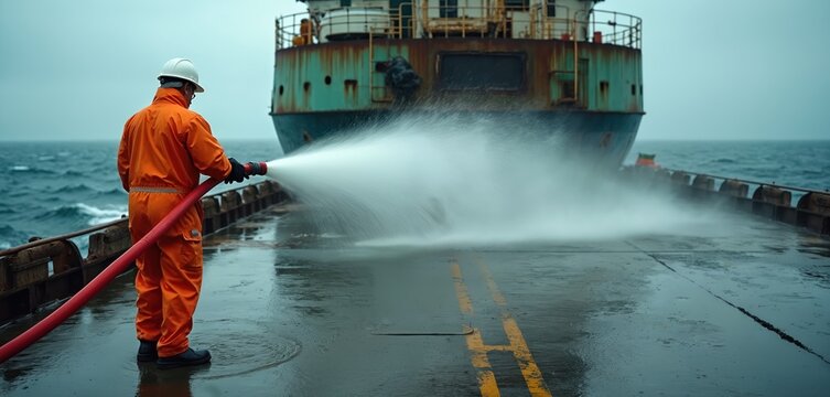 Fototapeta Man in orange suit and white helmet uses high pressure fire hose to wash ship deck. Water sprays across wet surface, ocean in background. Worker performs maintenance on vessel at sea.