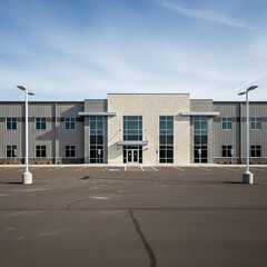 Modern commercial building with a light beige stone facade stands on a paved parking lot under a clear sky.
