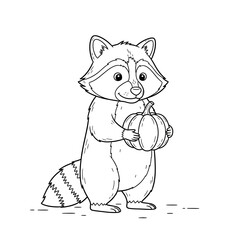 Raccoon Holding a Pumpkin - A Charming Black and White Illustration.