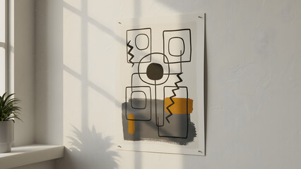 Geometric Artwork and Natural Light: An abstract artwork, framed in a well-lit space, becomes a focal point of design, the shadows cast by the sun add depth to the art.