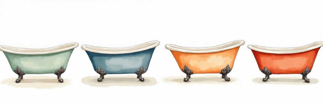 Four colorful vintage bathtubs stand in row. Pastel hues of mint green, sky blue, peach, coral invite relaxation, touch of retro charm. Tub features ornate claw feet adding to classic appeal.