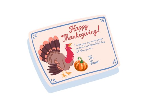 Cute Thanksgiving greeting card with cartoon turkey and pumpkin illustration. Festive holiday template with handwritten wishes and To/From fields, ideal for autumn invitations and seasonal greetings.