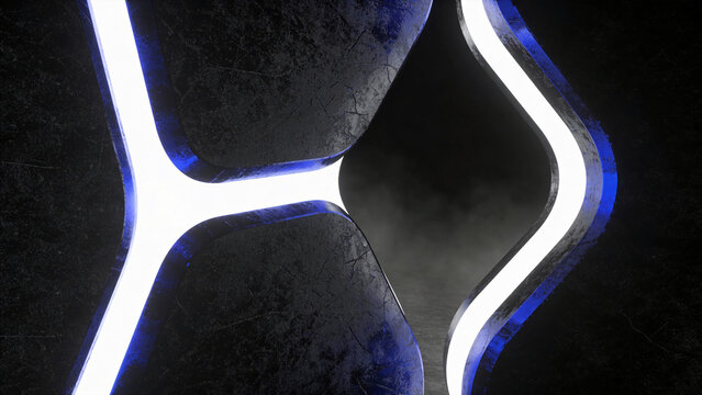 Dark futuristic 3D abstract structure with glowing blue-white neon edges, cracked stone texture, dramatic lighting, cyberpunk aesthetic - Powered by Adobe