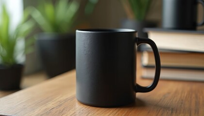 Plain black matte mug sits on wooden table near plants, books. This coffee cup is ideal for branding mockups, product shots. Its simple design suits cafe or home settings. Another mug visible behind.