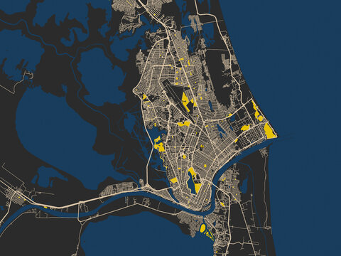 Flat city map of Tampico, Mexico &mdash; deep charcoal background with clean cream streets and sharp safety-yellow highlights, accented by ink-blue water