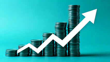 Stacks of silver coins showing progressive height increase with a large white upward trending arrow symbolizing financial growth profit investment success market surge economic progress and wealth acc