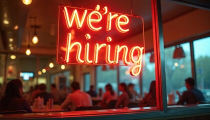 Neon red were hiring sign glows brightly in restaurant window. Blurred view inside shows friends eating. Outside view has trees. Business needs new employees.