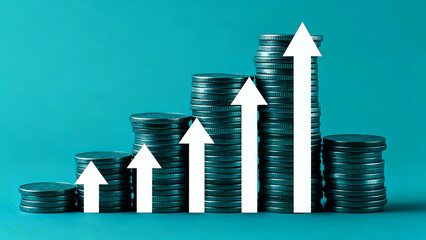 Financial growth chart showing increasing stacks of silver coins with prominent white upward arrows symbolizing profit investment success savings economy banking and rising market trends against a tea