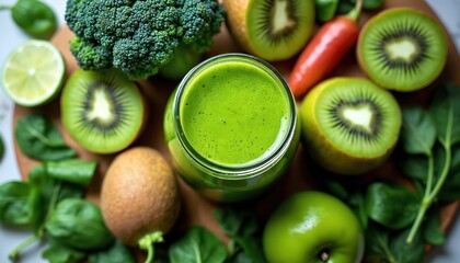 Green smoothie in glass jar surrounded by fresh ingredients like kiwi broccoli spinach apple and lime. Healthy beverage preparation from nature bounty. Top view.