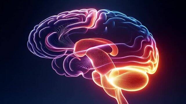 Colorful Neon Brain Illustration with Glowing Orange and Blue Lines on Dark Background