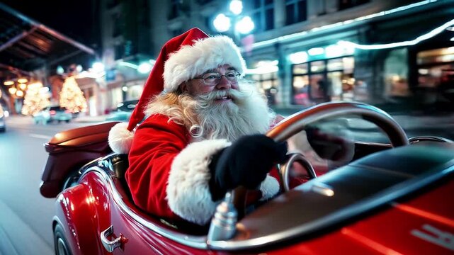 A cheerful and cunning Santa with a charming smile.  Santa's fun Christmas ride in the RED FAIRY TALE CAR