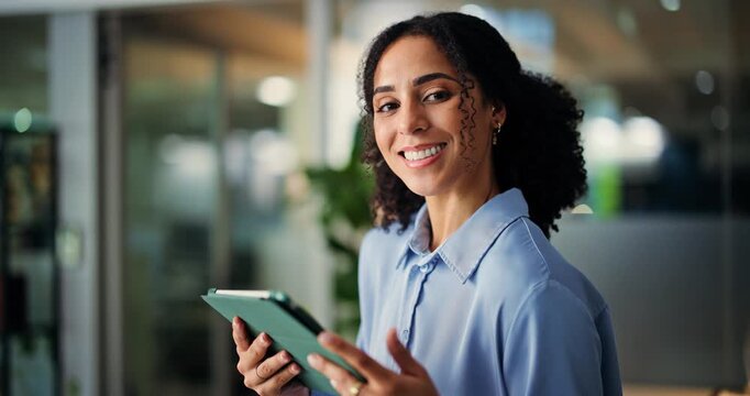 Tablet, face and happy business woman in workplace for news, article or headline at night. Technology, smile and portrait of journalist in office with story review, about us and publication deadline