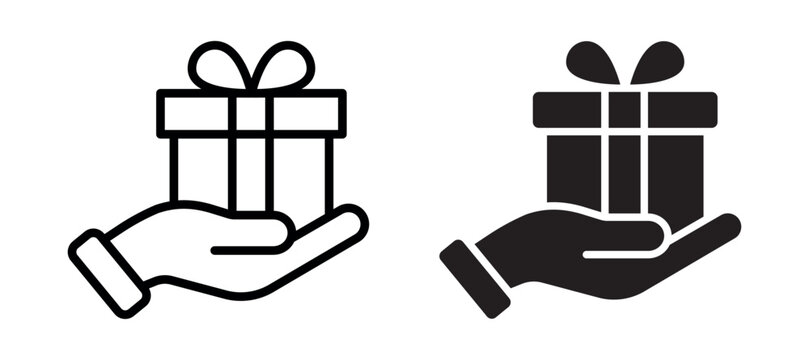 Gift in hand icons set. Present box on hand symbols in line and solid styles. Holiday giving, donation and surprise gift concept collection in clean minimal design - stock vector