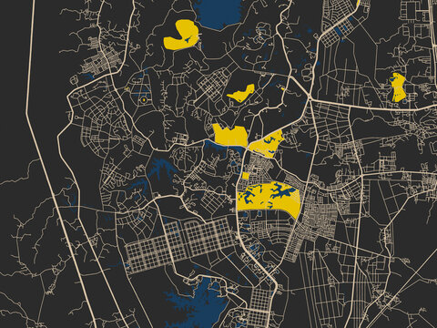 Decorative abstract map of Nay Pyi Taw, Myanmar, featuring deep charcoal background with clean cream streets and sharp safety-yellow highlights, accented by ink-blue water