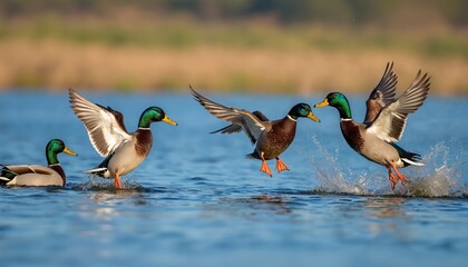 Four mallard ducks swim on blue water lake. Two males one female appear to interact in courtship ritual. One duck takes flight splashes water.
