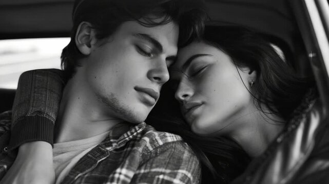 A young couple peacefully sleeping together in a car.