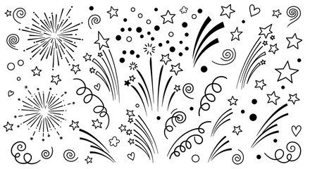 Festive fireworks and celebratory elements in a doodle style.
