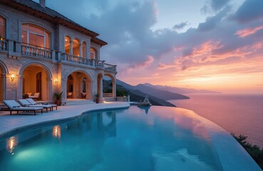 Fototapeta premium Luxury stone villa with infinity pool overlooks serene sea at sunset. Modern architecture meets natural landscape. Calm water reflects pink and blue sky colors. Scenic mountains fade into horizon.