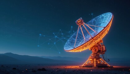 Large satellite dish glows orange and blue against starry night sky. Network lines connect it, suggesting global communication. It sits in a barren landscape.