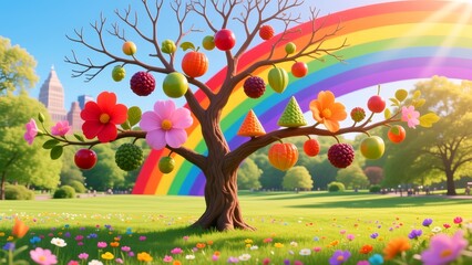 Obraz premium Colorful Fruit Tree in a Sunny Park Landscape