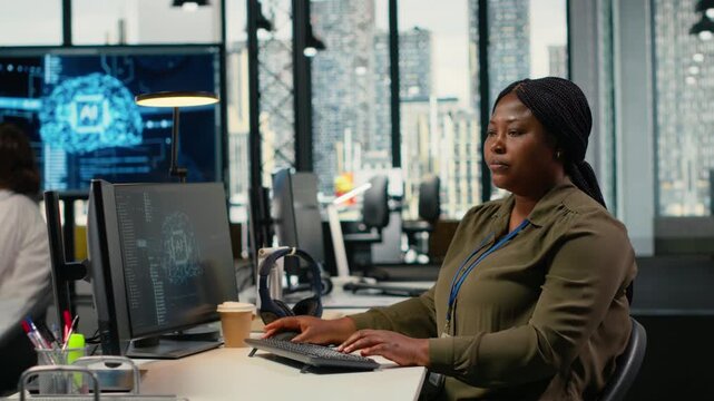 Software developers doing brainstorming in office, using specialized hardware to accelerate complex AI calculations. IT specialist managing systems for deep learning training datasets, camera B