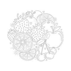 Hand drawn collection of various fruits for coloring page.