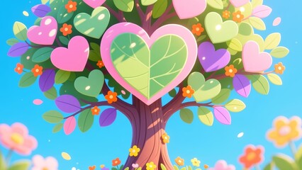 Colorful Heart Tree, Nature Scene, Vibrant Landscape, Digital Illustration, Whimsical Environment, Uplifting Viewpoint, Love Concept