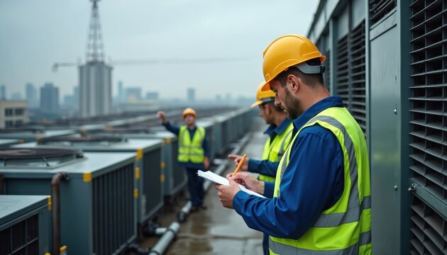 Team of engineers inspect rooftop HVAC units on a cloudy day. Workers check equipment and building systems. They wear hard hats and safety vests while reviewing plans on a clipboard.