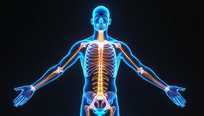 Human skeleton and nervous system anatomy x-ray. 3D model shows bones joints and brain. Medical blue digital body illustration for science health and pain research.