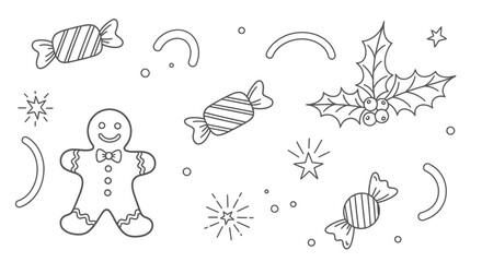 Monochrome Christmas doodle set with gingerbread man and sweets.