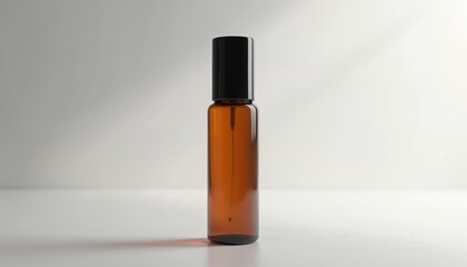 Obraz premium Amber glass bottle with black cap stands on white surface. Small transparent tube inside shows liquid. Minimalist design for beauty product packaging.