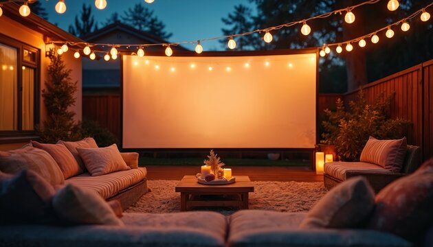 Outdoor movie setup at night with projector screen, comfy sofas and string lights. Backyard cinema provides cosy atmosphere for family or friends enjoying film. - Powered by Adobe