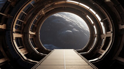 A futuristic sci-fi spaceship corridor with a large circular window overlooking a cloudy planet