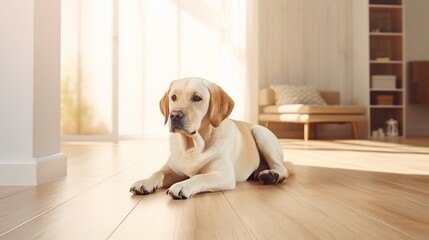 A Golden Labrador Retriever Dog Lying Calmly on a Polished Wooden Floor in a Sunlit Room