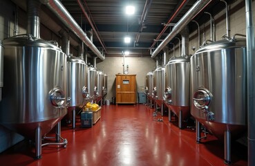 Shiny stainless steel fermentation tanks line a brewery floor. Industrial brewing equipment ready for craft beer production. Large vats stand in a clean manufacturing plant.
