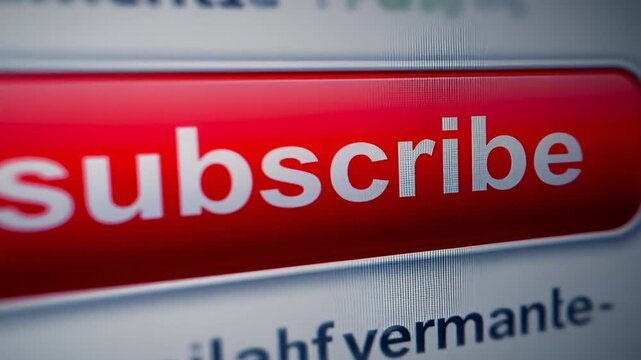 Close-up of a red subscribe button on a webpage with blurred text background online